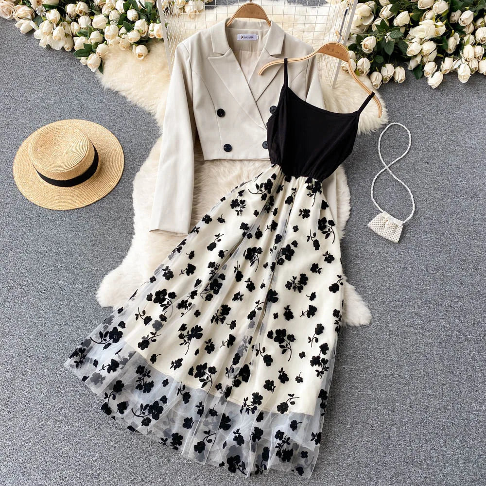 Wholesale 2026 Spring French Style Short Double Button Suit High End Flocking Mesh Sling Dress Women's Set