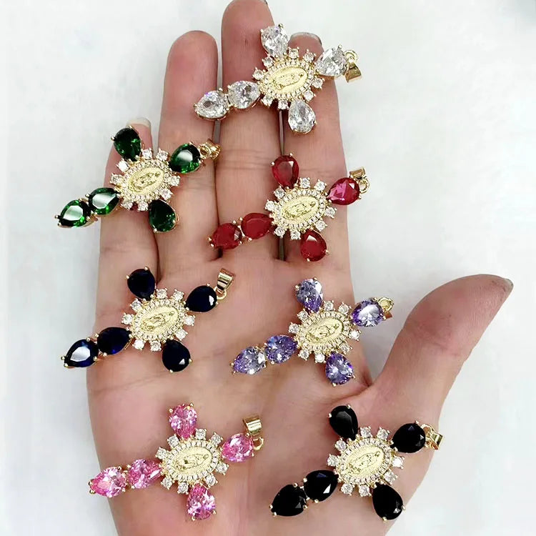 CZ8618 18k Gold Plated CZ Blessed Mother Virgin Mary Saint Halo Cross Pendants Religious Jewelry Supplies