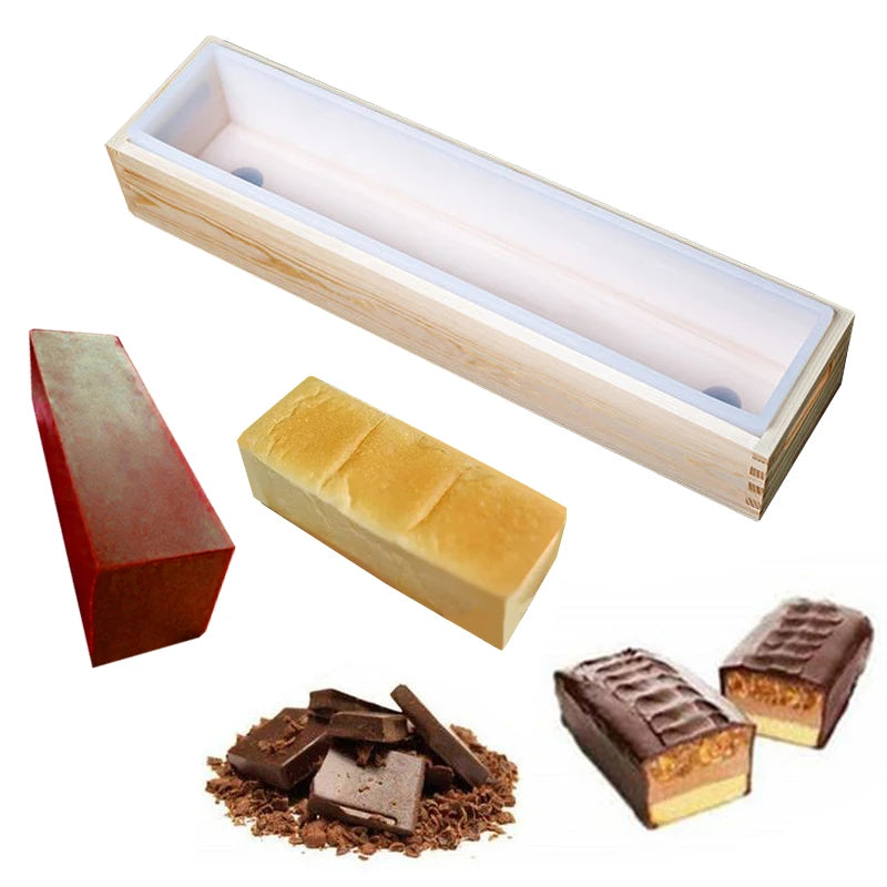 Flexible Rectangular Silicone Cake Mold with Wooden Cover and Box OPP Bag Packed for Soap and Cake Making