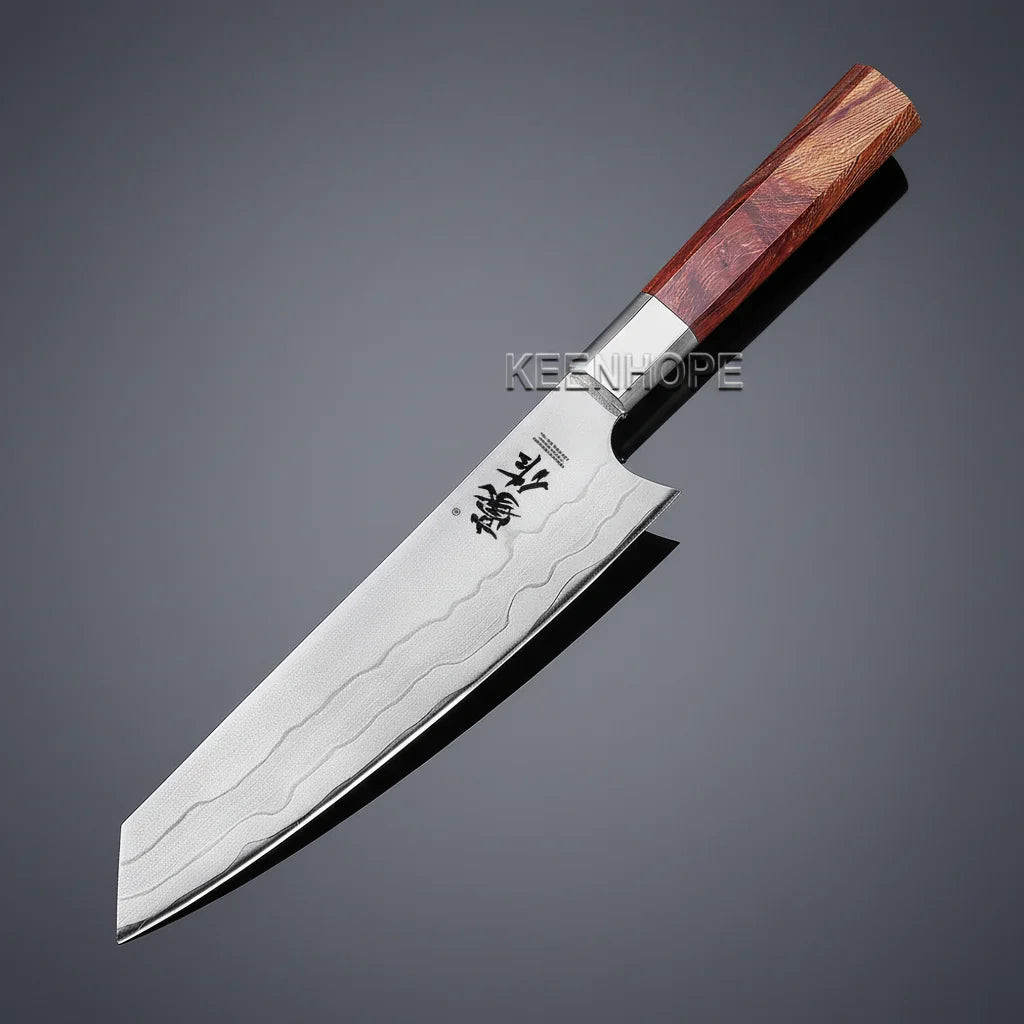 KEENHOPE Professional 8 Inch Kiritsuke Japanese Damascus Chef Kitchen Knife 7 Layers USA 440C Clad Steel Blade Burning Pattern