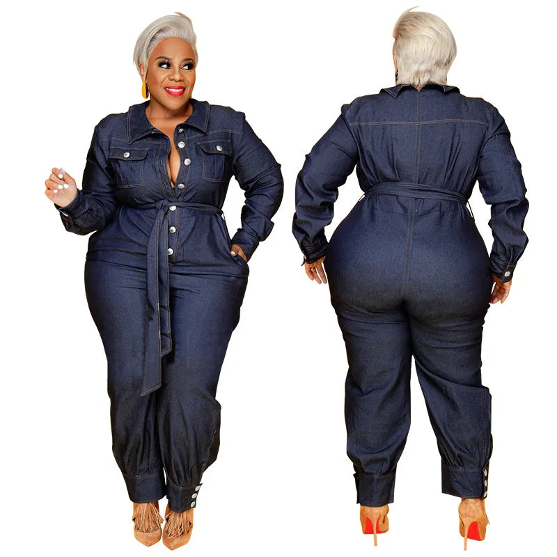 2025 Autumn Winter Plus Size Women's Denim Jumpsuit Slim V-Neck Long Sleeve Casual with High Waist Breathable Design