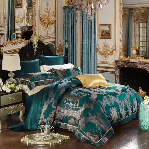 Wholesale Green king Size Top Luxury Yarn-dyed Silk Soft Duvet Cover Mulberry Silk 4-piece Bedding Set