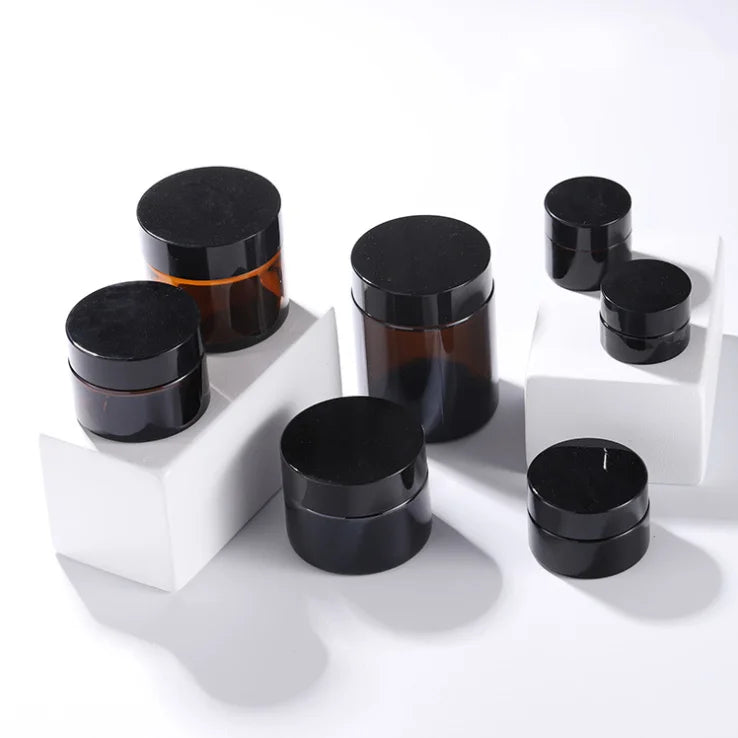 White Black Plastic Lid Cosmetic Container Packaging 20g 30g 50g Amber Brown Dark Glass Storage Face Cream Jars