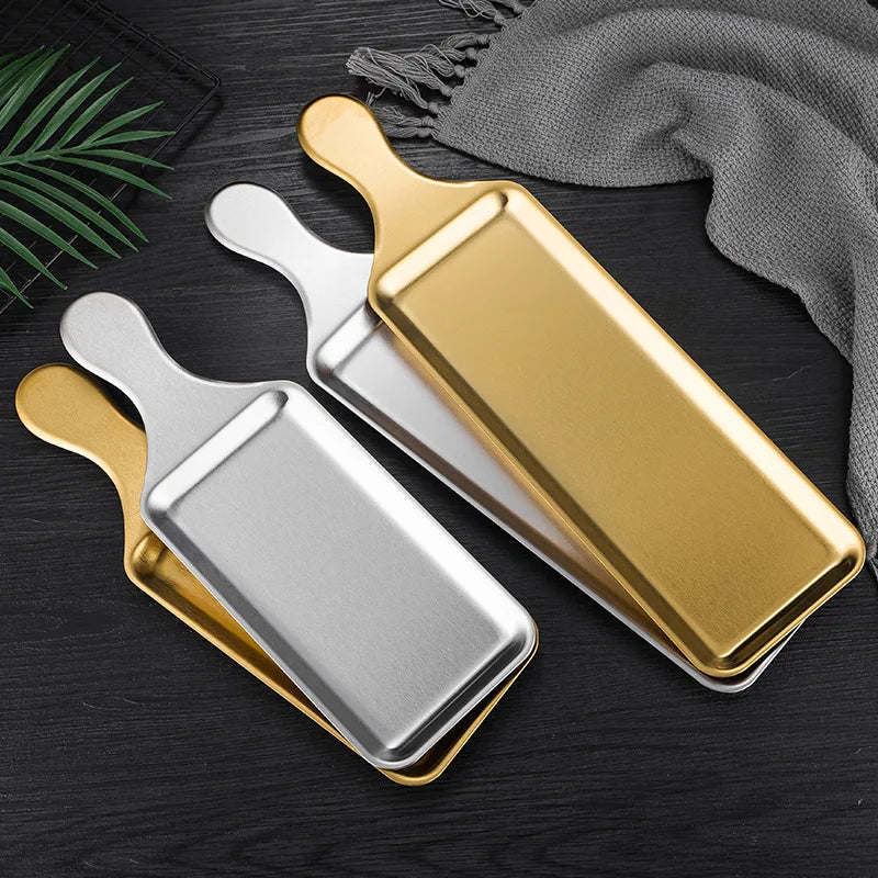 304 Stainless Steel Tray Snack BBQ Dessert Cake Sushi Gold Plate With Handle Restaurant Hotel Serving Tray
