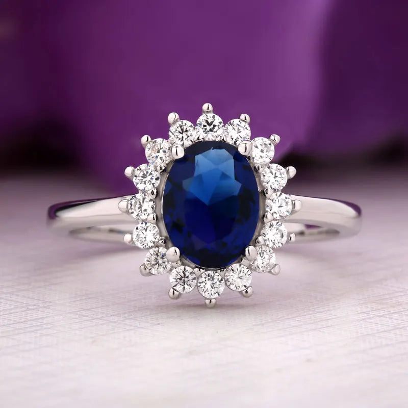 Princess Diana Class Gemstone Birthstone Sapphire Halo Engagement Rings 925 Sterling Silver Promise Rings for Women