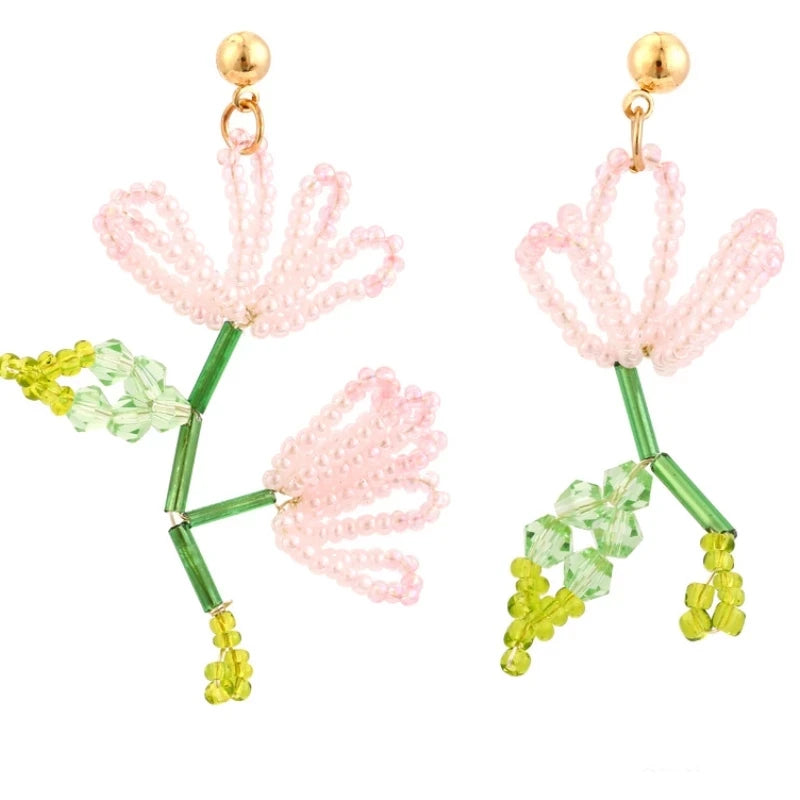 Kaimei 100 Designs Colorful Woven Beaded Asymmetric Crystal Floral Drop Earrings Pink Glass Beads Bohemian Summer Earrings