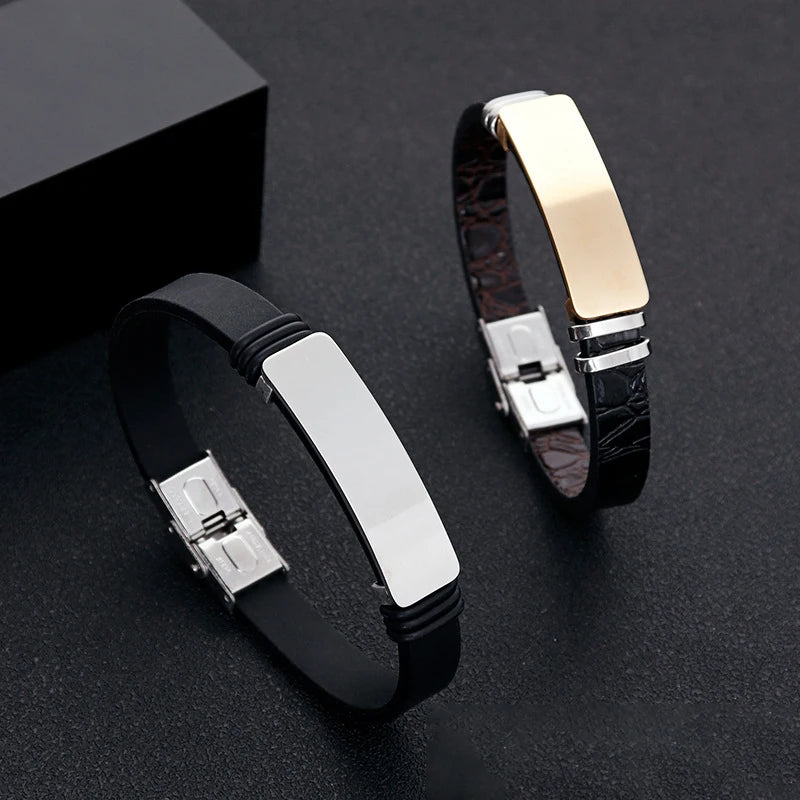 2024 New OEM DIY Engraved Letter Logo Silicone Vintage Leather Bangle Custom Design Stainless Bracelet