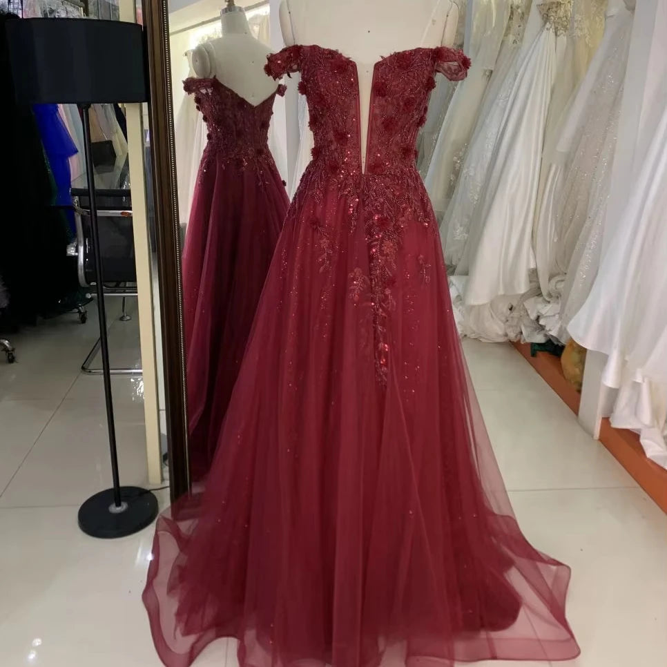 2025 New Custom Burgundy Sexy Sleeveless Lace Embroidered Flower Tulle A-Line Skirt of Prom Dresses Party Evening Dress