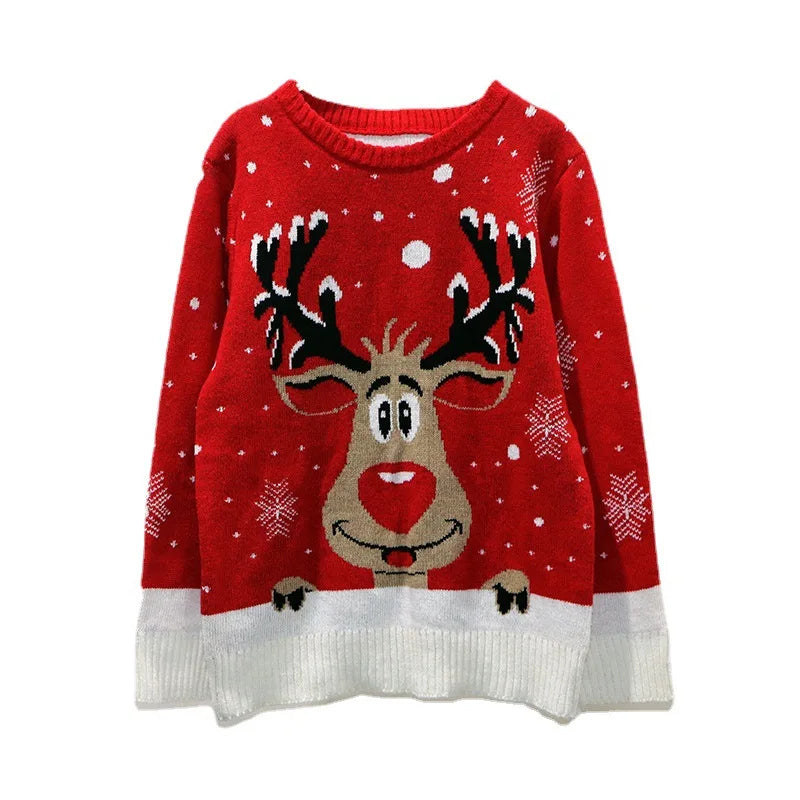Wholesale Reindeer Jacquard Loose Fit Plus Size Round Neck Ugly Christmas Sweater Jumper Knitted Pullover for Women