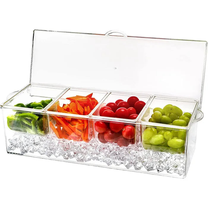 Chilled Condiment Server Clear Icy Condiment Bar Chilled Condiment Tray with Lid and 4 Removable Compartments