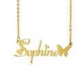 Custom Name Necklace with Butterfly & Hearts Personalized Cursive Sandblast Gold Pendant Jewelry Gift for Women