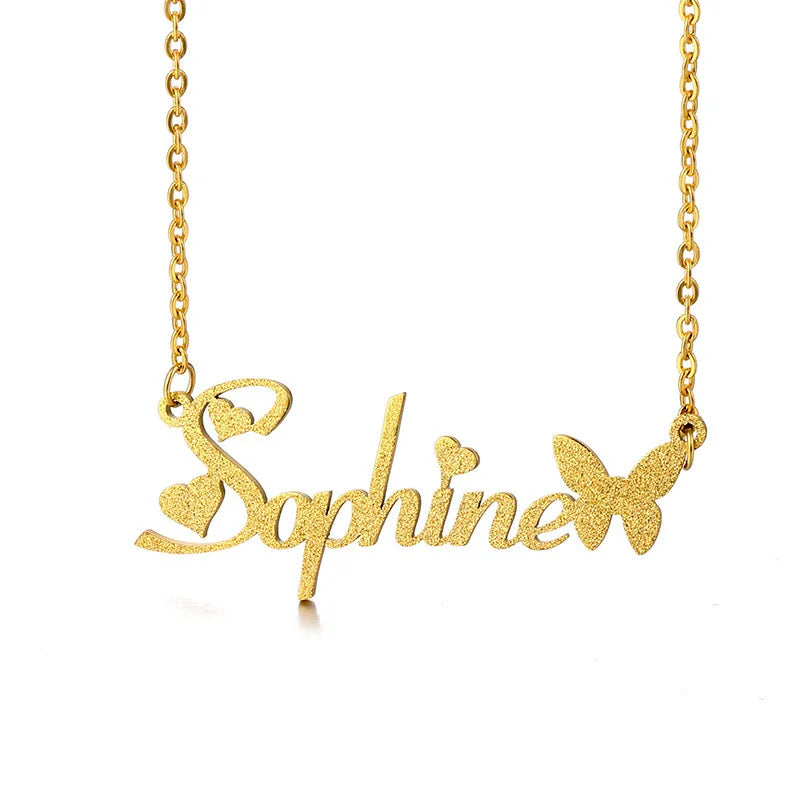 Custom Name Necklace with Butterfly & Hearts Personalized Cursive Sandblast Gold Pendant Jewelry Gift for Women
