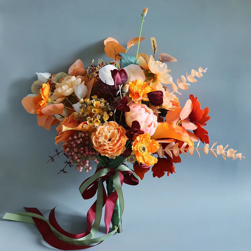 Ychon Simulation Bride Rose Holding Bouquet Retro Autumn Orange Wedding Quality Artificial Flowers Wedding Bridal Bouquet
