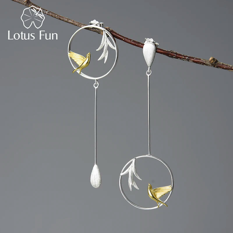 Lotus Fun Real 925 Sterling Silver the Bird Earrings Asymmetrical Dangle Earrings for Women Fine Jewelry