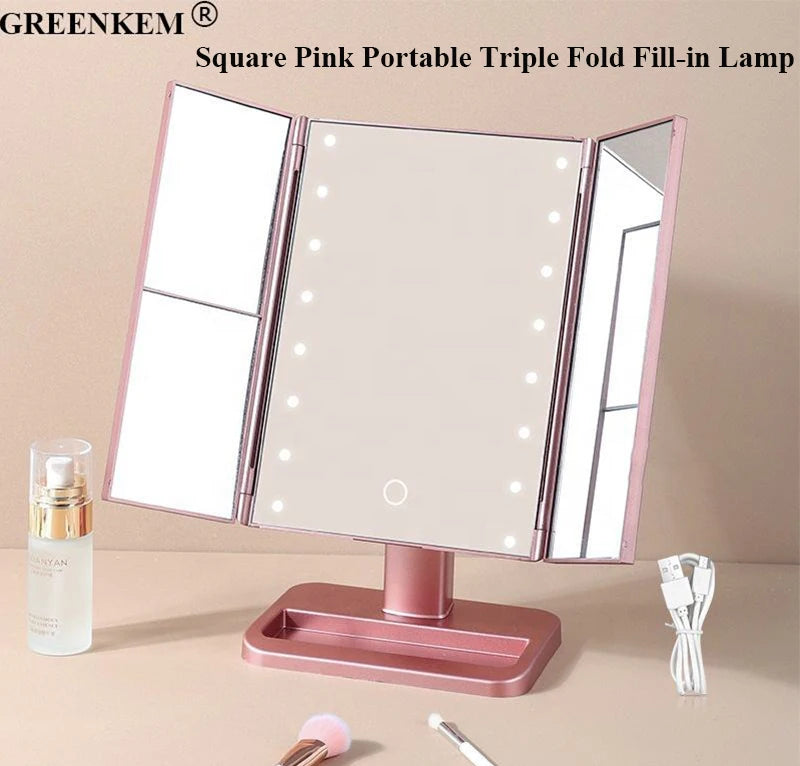 New Square Pink Portable Triple Fold Fill-in Lamp with Small Round Mirror 22pcs LED Lamp Beads Fill Light Makeup Mirror