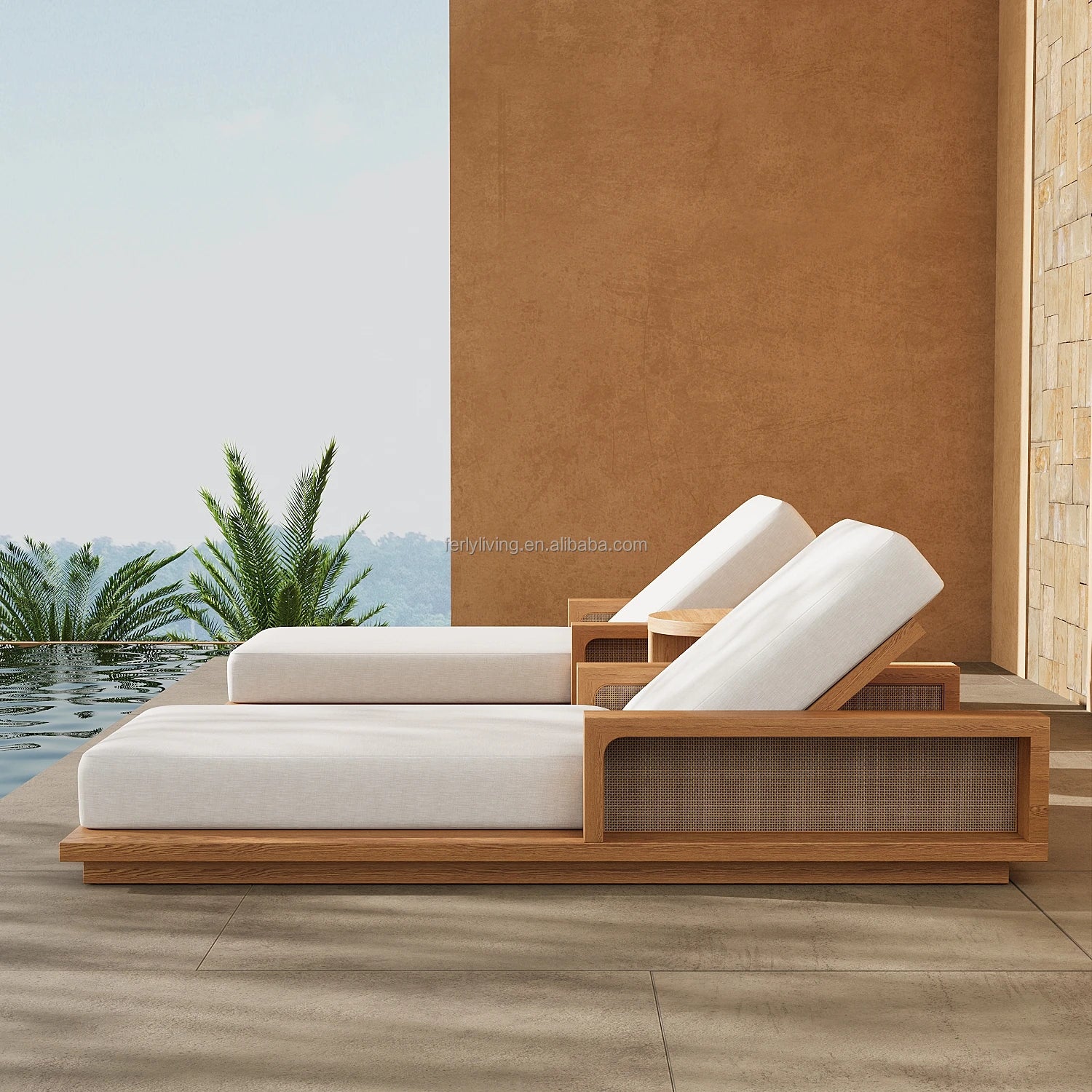 FERLY Luxury Customized OEM Solid Wood Teak Outdoor Garden Furniture Chaise Wood Pool Sun Loungers for Beach
