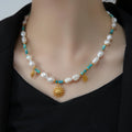 Luxury Natural Freshwater Pearl Brass Romantic Gift Necklace Golden Sun Chrysanthemum Conch Spiral Bead & Turquoise