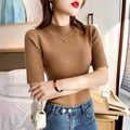 Spring Autumn Semi-turtleneck Core Yarn Knitted Short Sleeve T-shirt Women's Tight-fitting Bottom Sweater Top Casual Knitwear