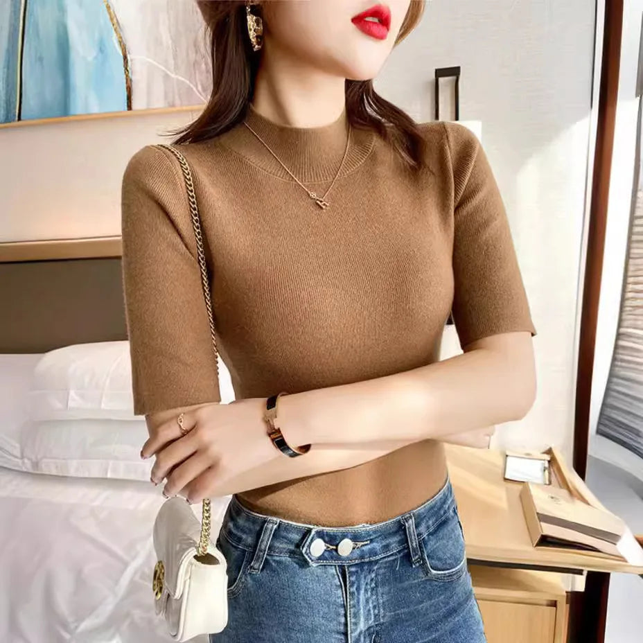 Spring Autumn Semi-turtleneck Core Yarn Knitted Short Sleeve T-shirt Women's Tight-fitting Bottom Sweater Top Casual Knitwear