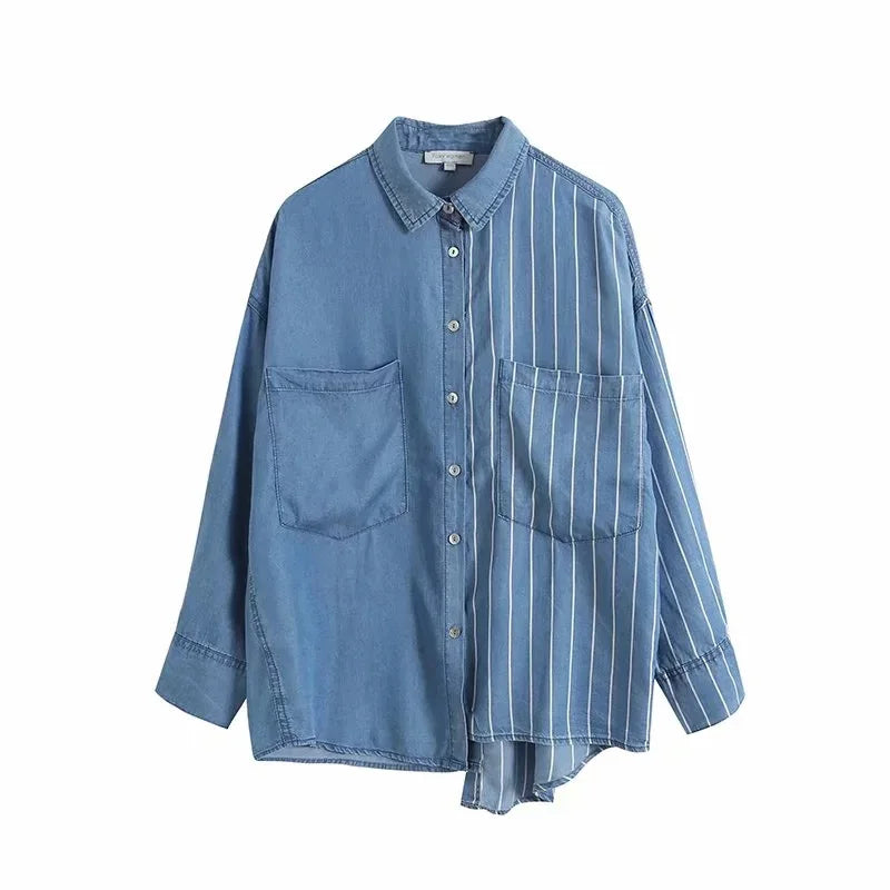 Boutique Wholesale 2026 Autumn Wear Large Size Loose Striped Top Design Irregular Women's Shirts