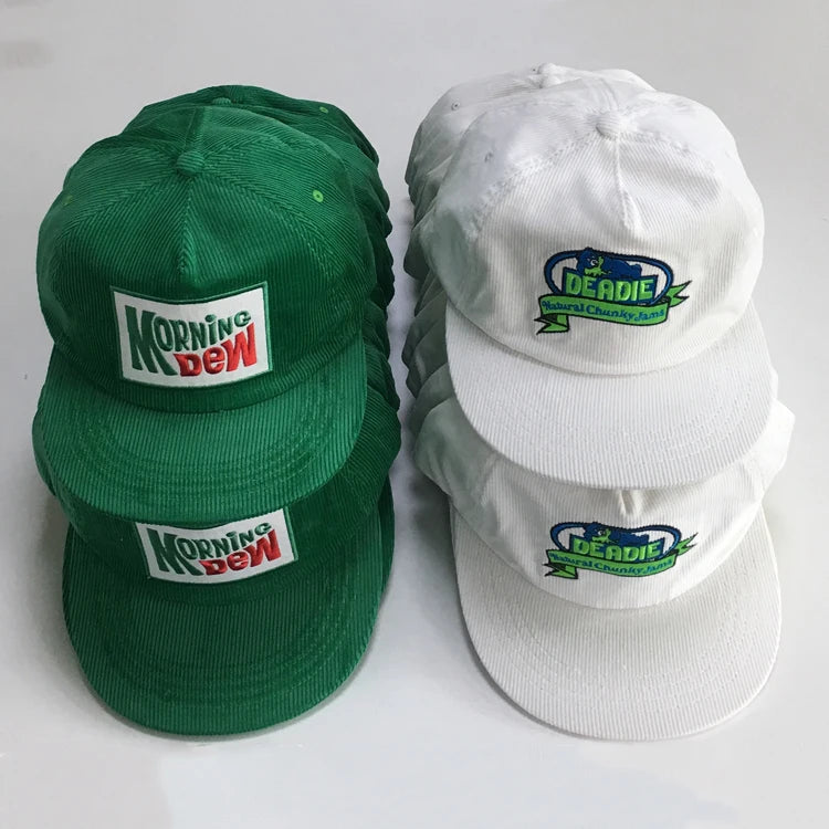 Factory Wholesale Unstructured Vintage Corduroy Hat Flat Brim White Green 5 Panel Embroidered Logo Snapback Cap Custom Patch