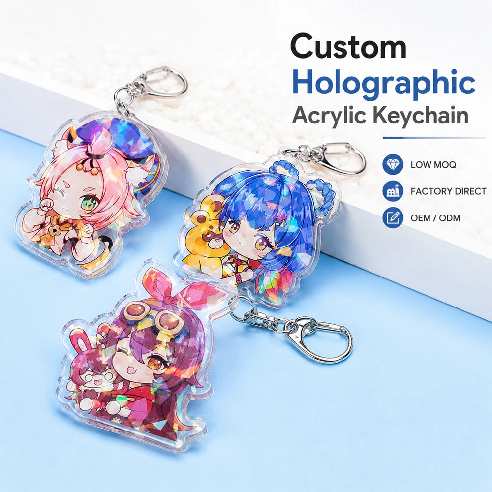 CNAWO Custom Low MOQ Holographic Acrylic Keychain Double Sided UV Printed Clear Acrylic Charm MegaBDM