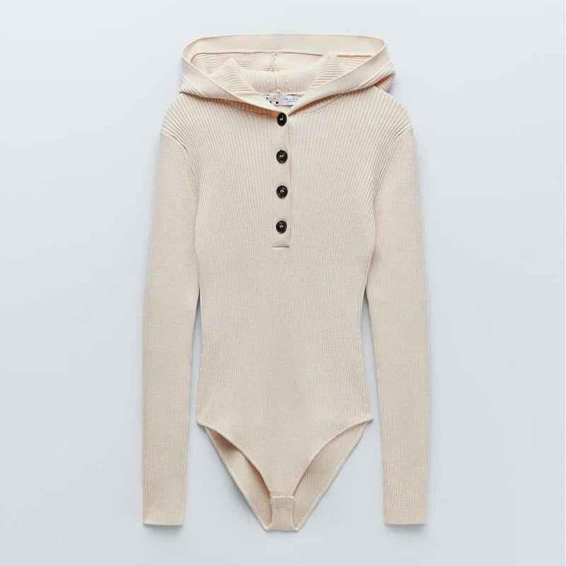 Custom Plain Color Long Sleeve Pullover Fall Hooded Tight Knitted Women's Sweater  Bodysuit