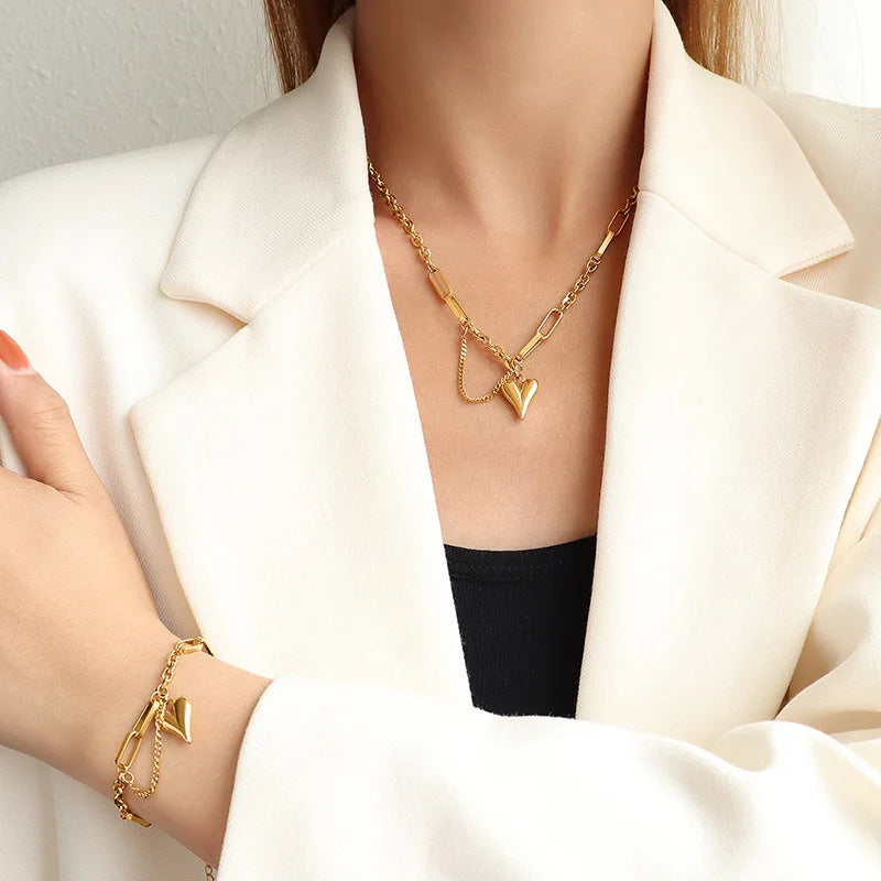 Hotselling Dainty Aesthetic Heart Charm Stainless Steel Bangle Necklace Sets for Women