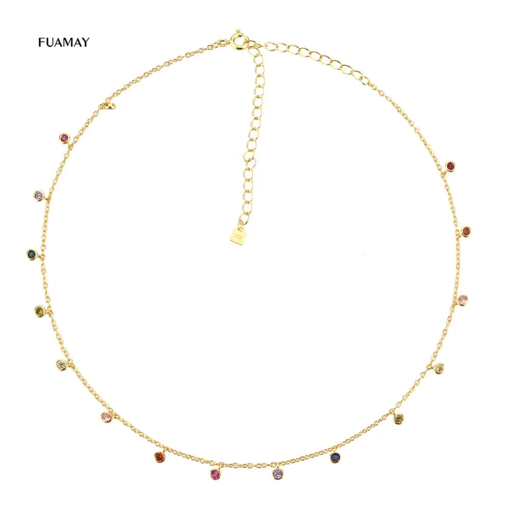 FUAMAY Rainbow Bezel Stone Cubic Zirconia Necklaces Choker for Woman Colorful Rainbow Diamond Pendant Necklace