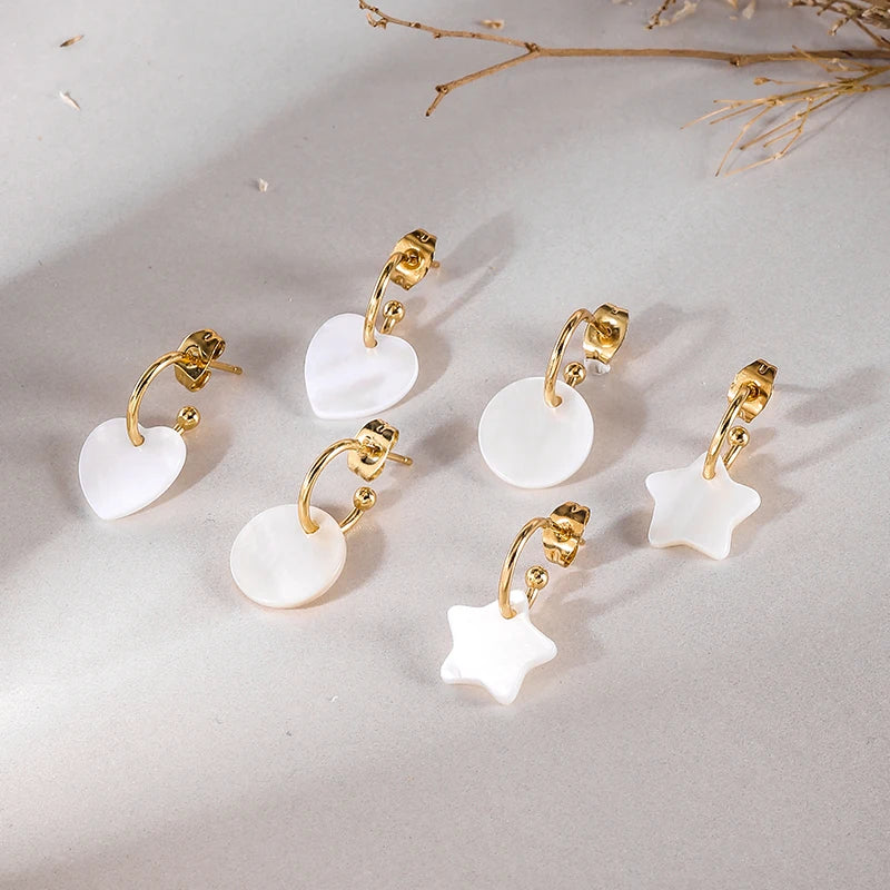 HOVANCI Wholesale Stainless Steel Gold Plated Hoop Earring White Shell Heart Star Round Shape Hoop Earrings