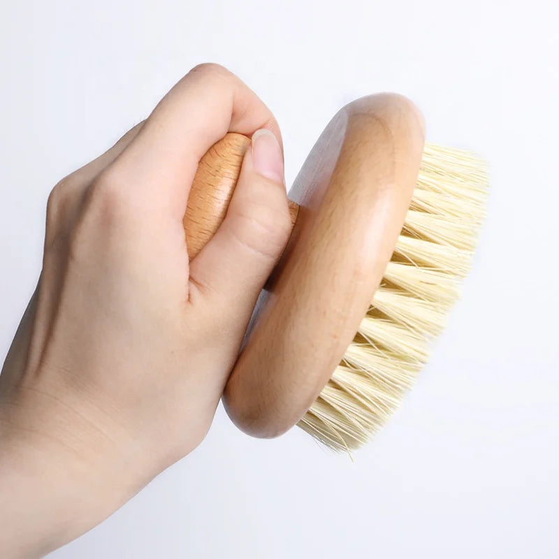 High Quality Bamboo Wooden Rounded Dry Skin Body Brush Boar Bristles Bath Body Brush