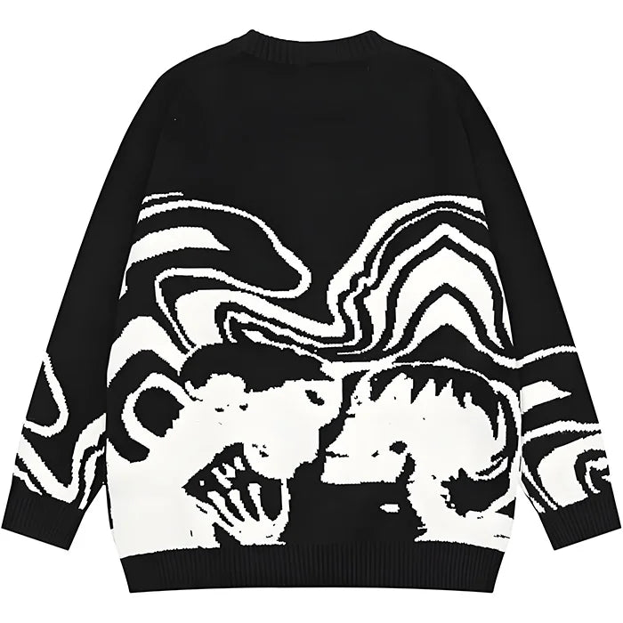 Customized Logo Oversized Women's Sweater Korean Style Skeleton Portrait Graphic Knitted Long Sleeve Crewneck for Winter