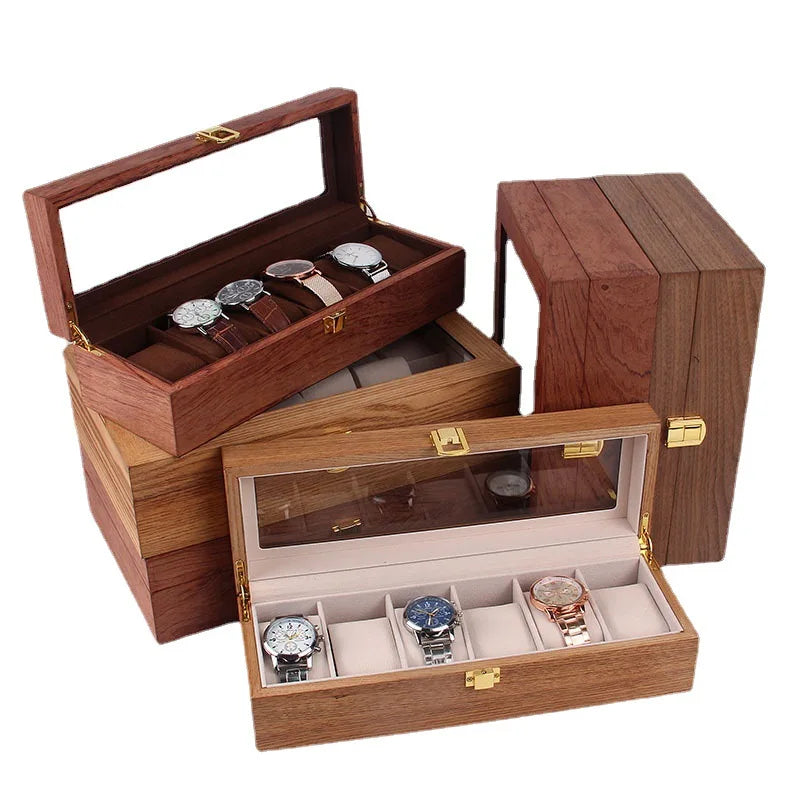 Vintage Walnut Color 6-Slot Wood Jewelry & Gift Watch Box Organizer with Glass Lid for Bracelets & Watches