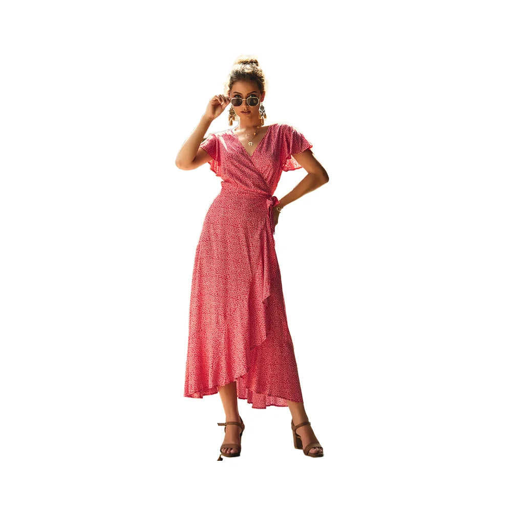 Women's Ruffles Flounce Dress with V-Neck Short Sleeves Long Chiffon Knee-Length Natural Waist Anti-Wrinkle for Summer