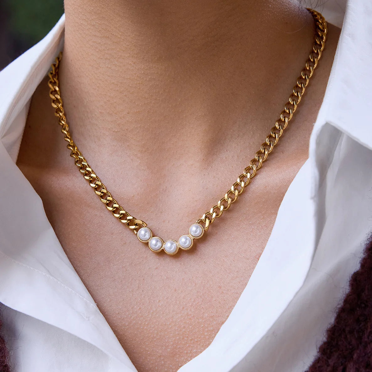 Jewelry for Women 18K Gold PVD Resin Pearl Women's Clavicle Chest Chain Necklace Stainless Steel Cross-Border Jewelry