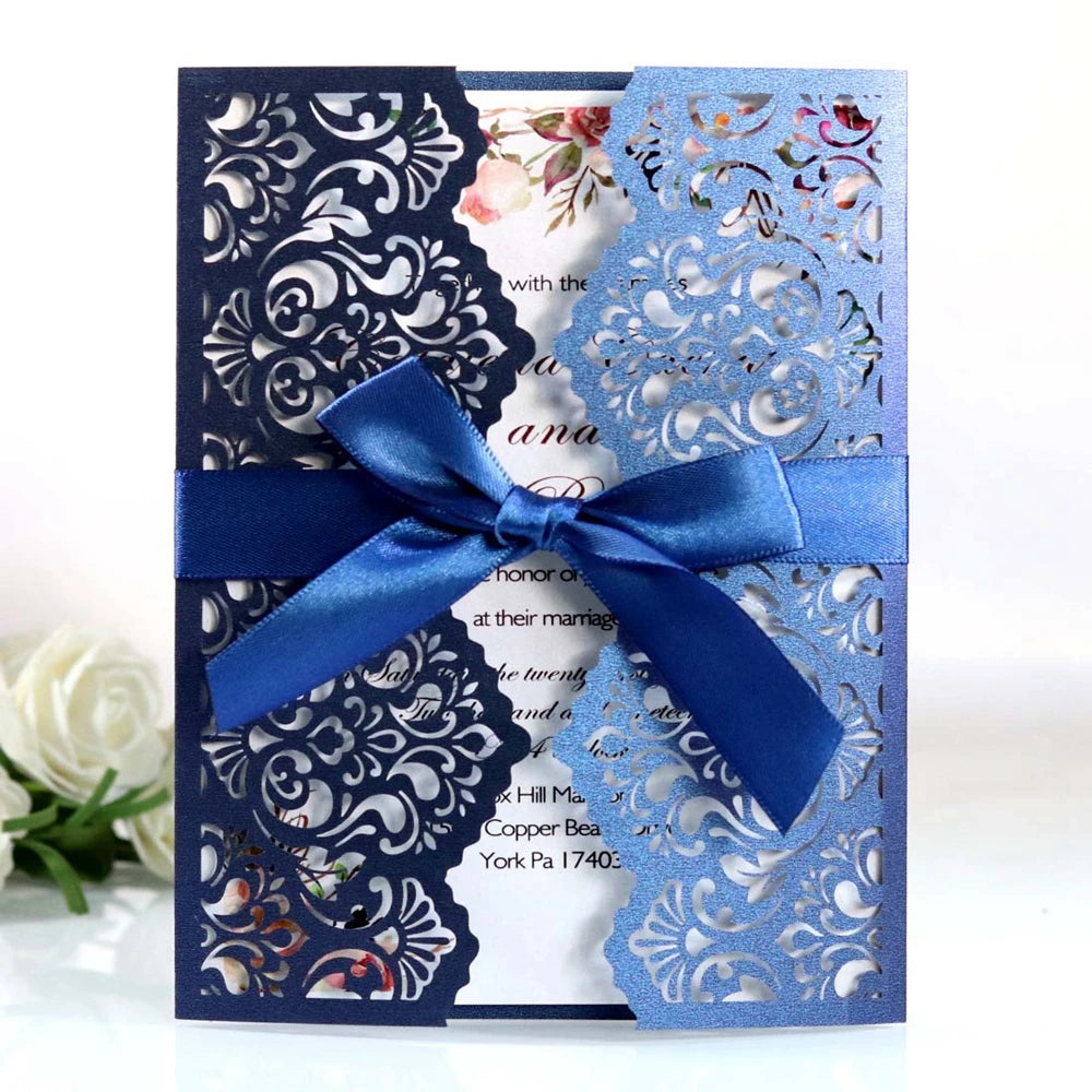 Cheap Laser Cut Wedding Invitation Luxury Laser Greeting Cards with Ribbon Printing Insert Pages
