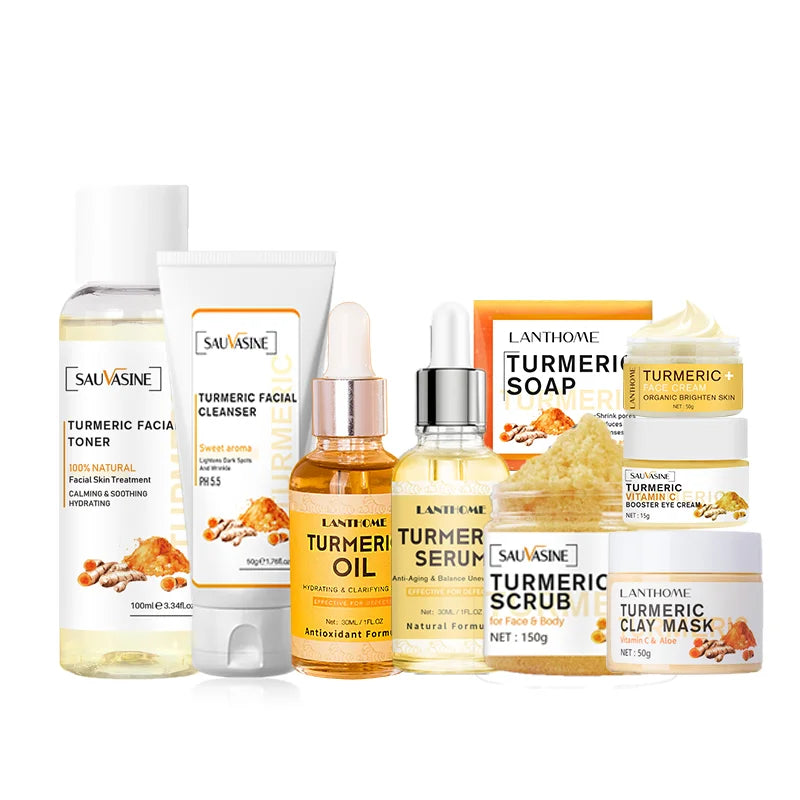 OEM ODM Natural Organic Turmeric Root Cream Face Care Set 9PCS Anti-Aging Anti-Acne Whitening Lightening Vitamin C Ganoderma