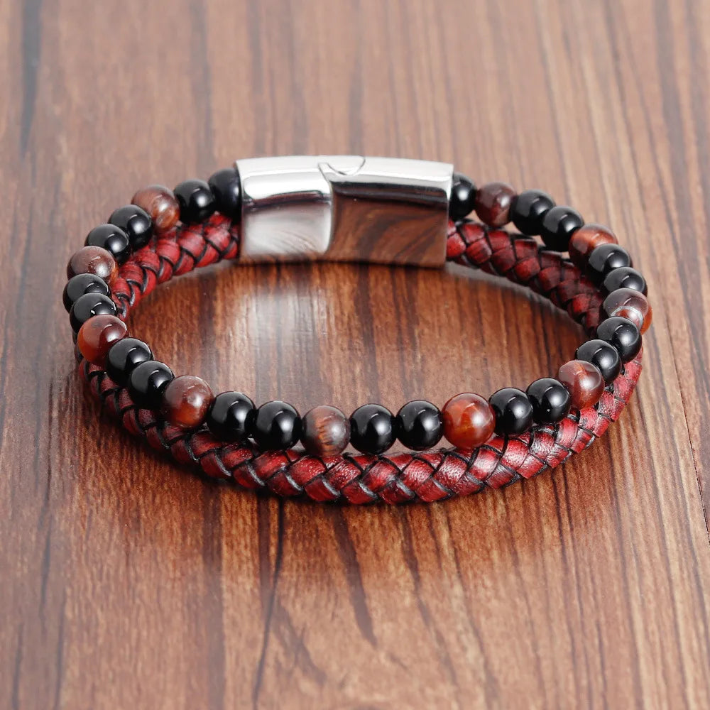 Natural Tiger Eye Stone Beaded Bracelet Leather Rope Woven Bracelet Multilayer Genuine Leather Bracelet for Men Jewelry