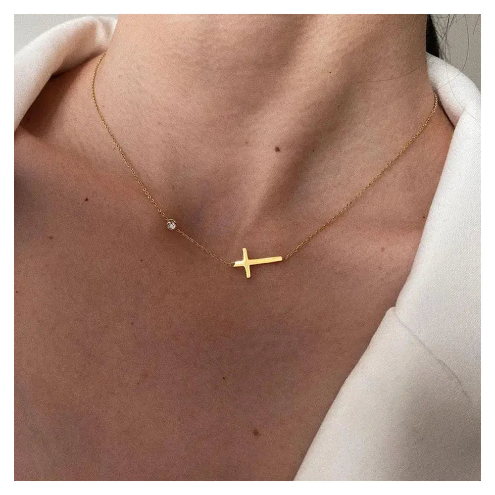 Charm Waterproof PVD Gold Plated Stainless Steel M Shape Necklace Zircon Link Tiny Cross Necklace Jewelry