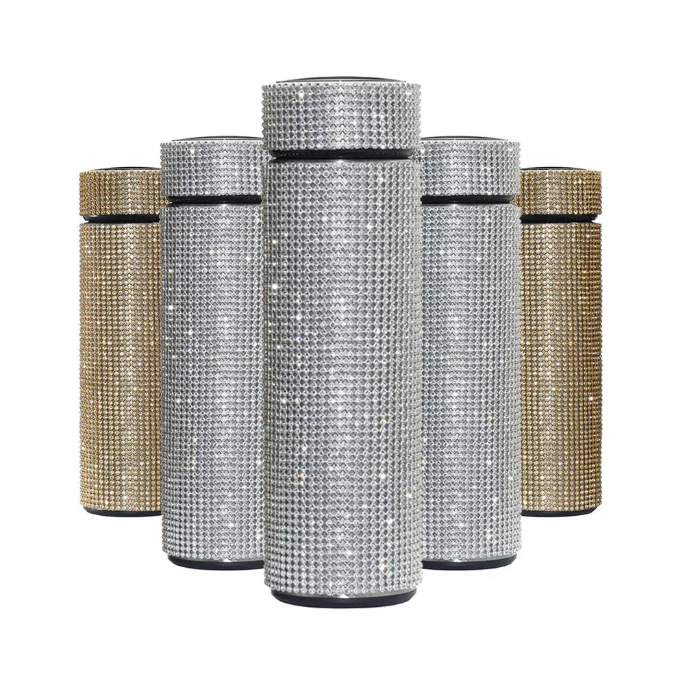 Wholesale Custom Color Temperature Display Stainless Steel Mugs 450ml Silver Diamond-Encrusted Smart Bottle with Led Display
