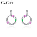 CZCITY Women Engagement Jewelry Circle Earrings 925 Sterling Silver Cubic Zircon Flower Circle Drop Earring