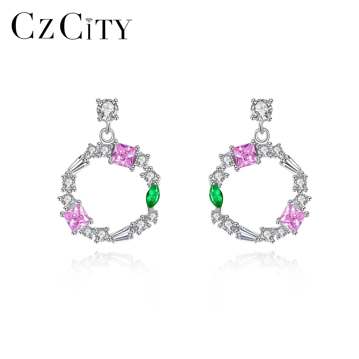CZCITY Women Engagement Jewelry Circle Earrings 925 Sterling Silver Cubic Zircon Flower Circle Drop Earring