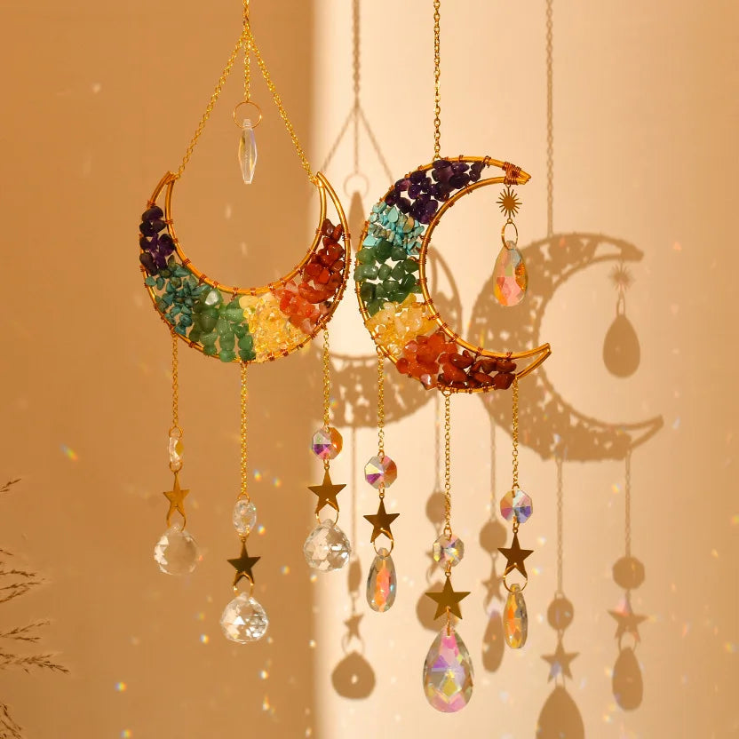 Crystal Chakra 10cm Big Moon Star Sun Catcher Wind Chimes Hanging for Home Garden Decor Crystal Hanging Ornament