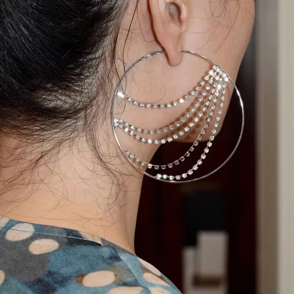New Design Fashion Bling Bling Crystal Circle Round Big Earrings Exaggerated Tassel Statement Hoop Earring