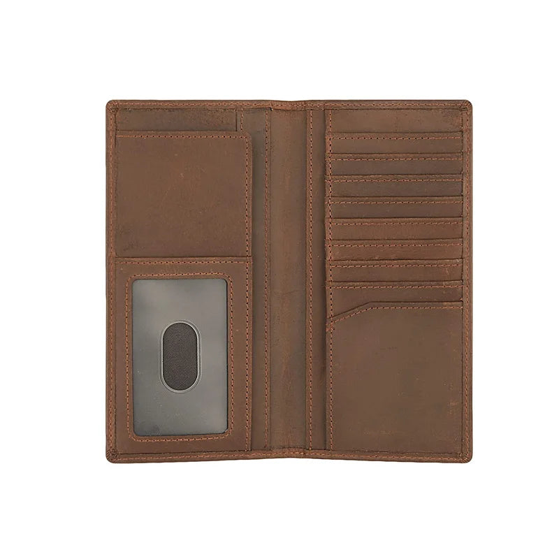 Real Genuine Leather RFID Western Rodeo Long Bifold Wallet Checkbook Cover Long Slim Cow Wallet for Man