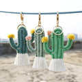 Green Plant Cactus Macrame Keychain Hand-Woven Beaded Bag Pendant with Bohemian Style Anime Pattern Pig Made From Wood