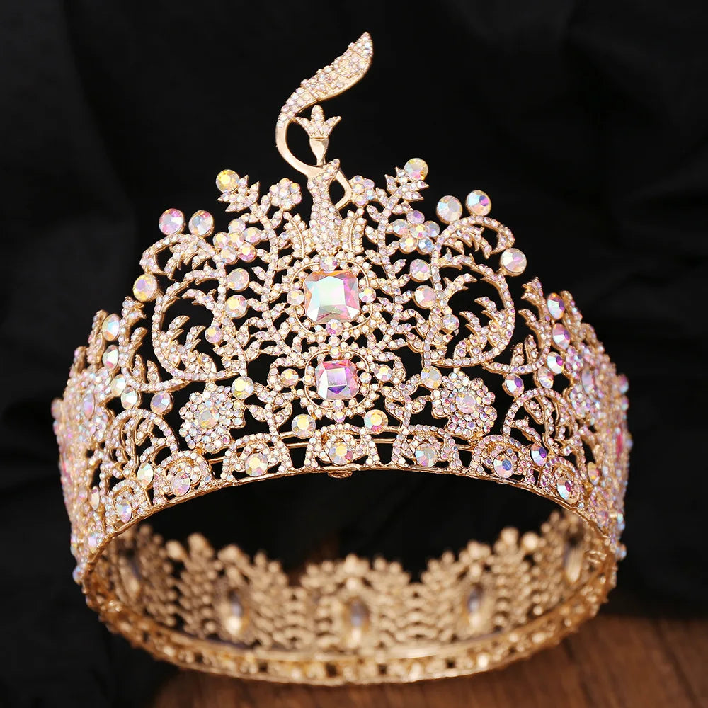 Customize Alloy Gold Plated AB Gemstones Large Size Champion Crown Miss World Beauty Pageant Queen Crown Tiara Wedding