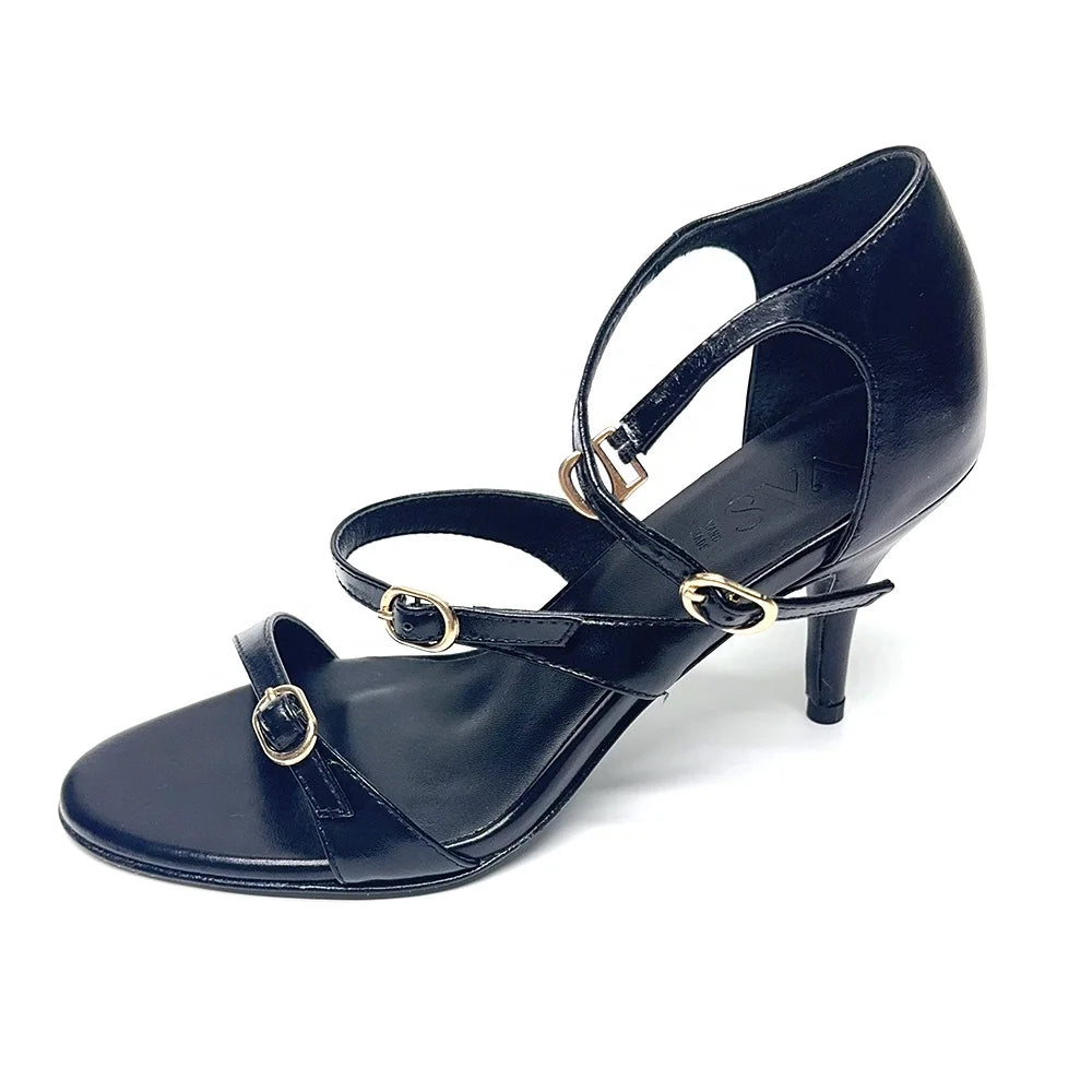 Elegant Black Beige Genuine Leather Heels Sandals for Women Anti-Slip Ankle Strap Footwear for Spring Summer Autumn Winter