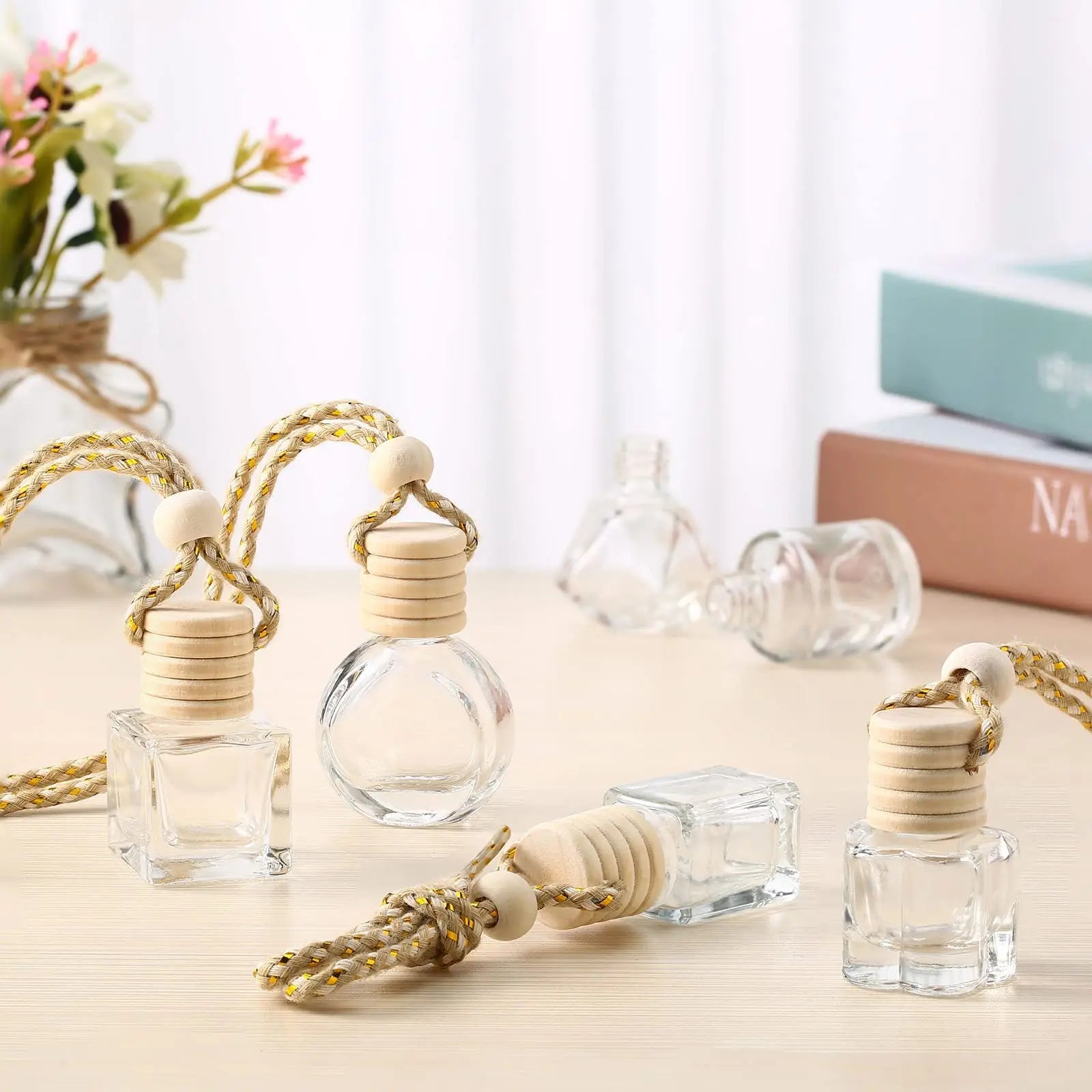 Car Perfume Bottle Empty Wood Hanging Car Aroma Diffuser 8ml Reusable Car Perfume Bottle With Wooden Lid