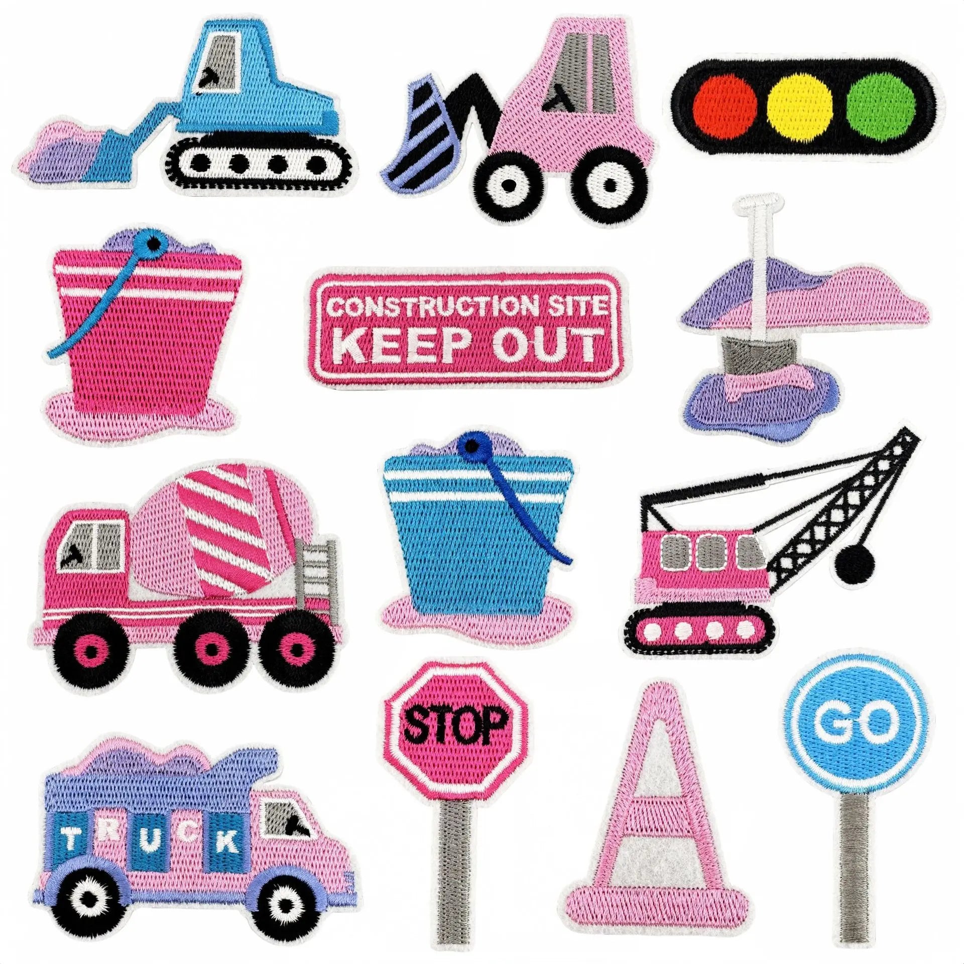 NODA  Embroidery  pink Style Traffic Light Engineering Vehicle Stop Go Patch for  Cloth Bag Decoration